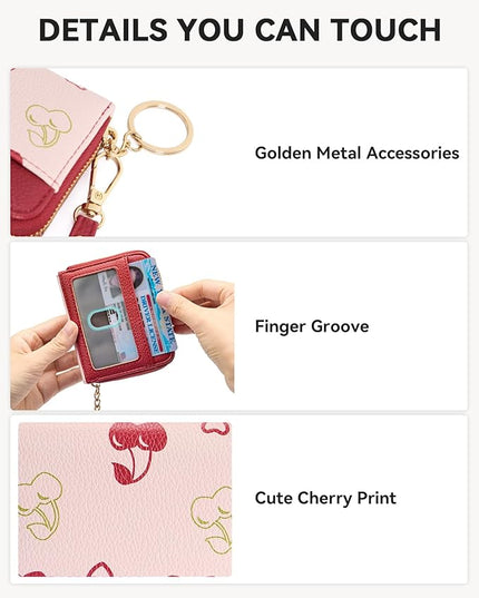 BOSTANTEN Credit Card Holder Wallet RFID Blocking Leather Small Wallet for Women Zipper Keychain Wallet with Wristlet Cherry Print
