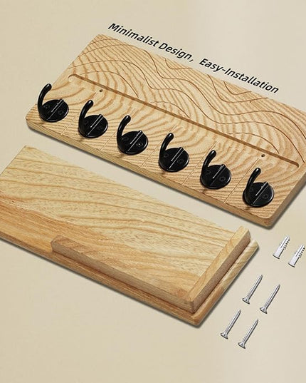 Qriosidy Key Holder Wall Decor-11.8" Solid Ash Wood Entryway Organizer with 6 Hooks & Extra Deep Storage Rack for Key, Mail, Wallet, Leash, Glasses, Hand-Polished & Stained, Easy-Assembly