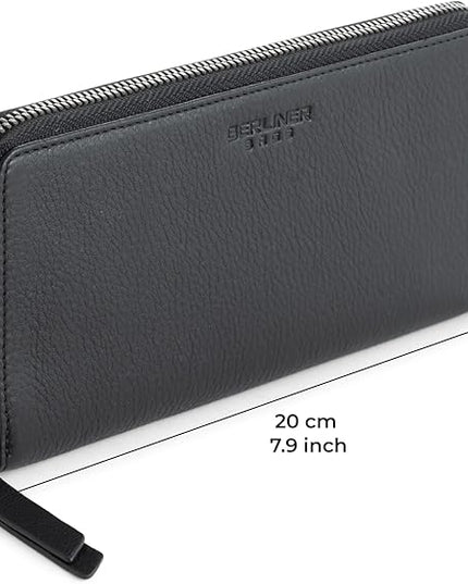 BERLINER BAGS Premium Genuine Leather Wallet Margo, RFID Blocking Credit Card Holder, Slim Womens Wallet, Zip Around Wallet for 13 Cards and ID window, Bills, Coins - Black