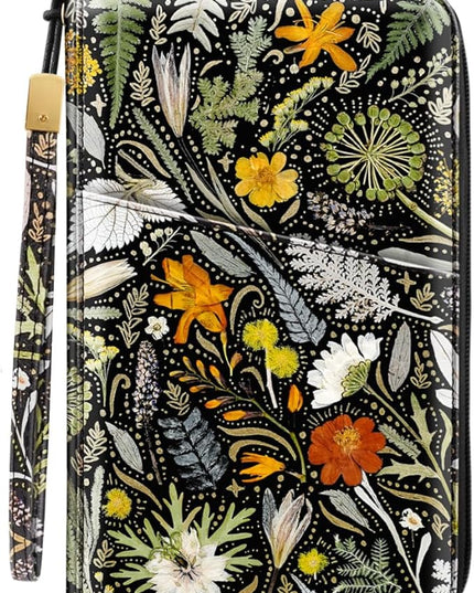 Family Passport Holder Wallet RFID Blocking Document Organizer PU Leather Mulit-purpose Travel Wallet Credit Cards Case for Women Men, Dried Flowers
