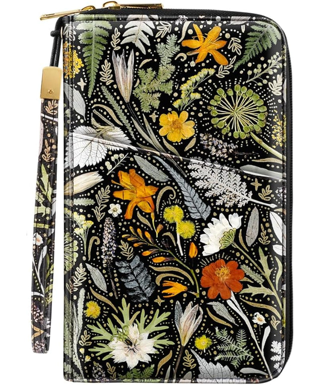 Family Passport Holder Wallet RFID Blocking Document Organizer PU Leather Mulit-purpose Travel Wallet Credit Cards Case for Women Men, Dried Flowers