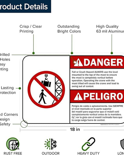 Danger Fall Or Crush Hazard Always Use The Level Mounted Bilingual Sign, 12x18 Inches, Rust Free .063 Aluminum, Fade Resistant, Made in USA by My Sign Center