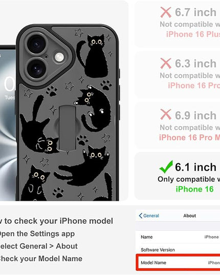 Cute Case for iPhone 16 Case with Finger Loop Stand, Kawaii Black Cats Pattern Design for Women Girls Boys, Full Camera Protection Protective Phone Cover with Hand Strap Kickstand