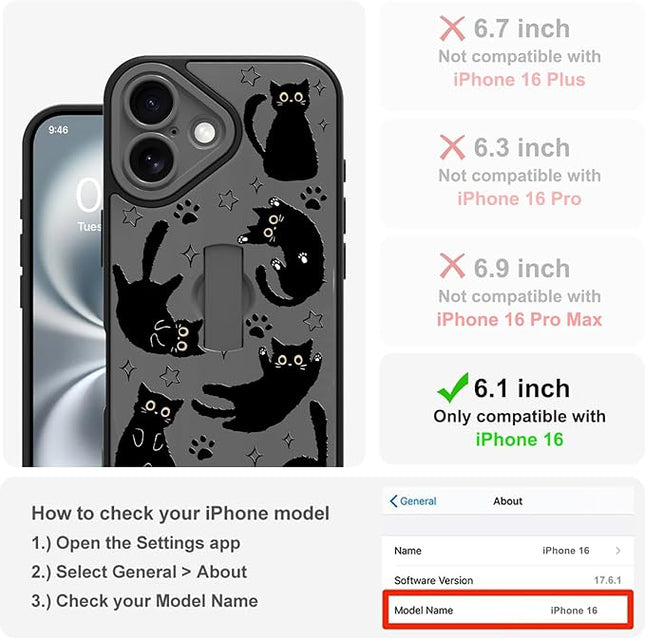 Cute Case for iPhone 16 Case with Finger Loop Stand, Kawaii Black Cats Pattern Design for Women Girls Boys, Full Camera Protection Protective Phone Cover with Hand Strap Kickstand