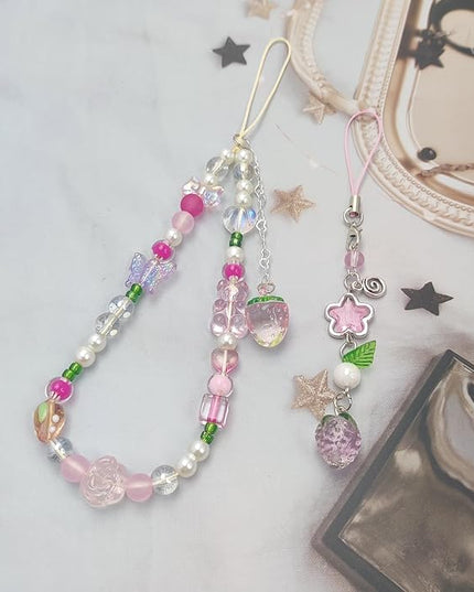 2 Pack Phone Charms, Cute Aesthetic Beaded PhoneCharm Strap Phone Lanyard String PhoneChain Accessories for Bag Keychain Airpods Camera Pendants