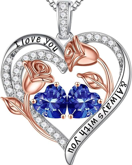 Iefil Christmas Gifts for Women Wife - 925 Sterling Silver Rose Heart Birthstone Necklace Birthday Anniversary Jewelry Gifts for Her Wife Mom Daughter