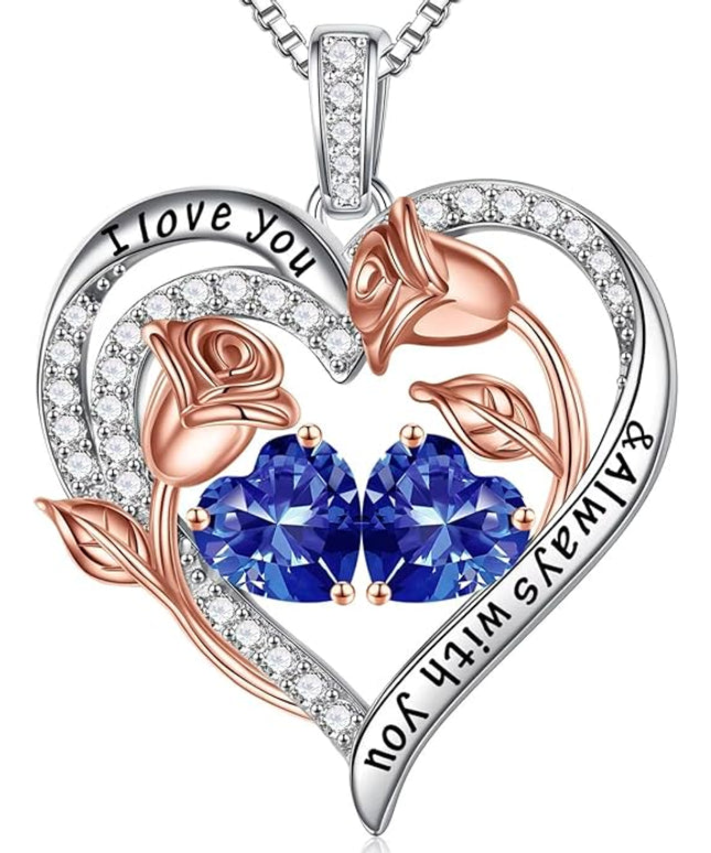 Iefil Christmas Gifts for Women Wife - 925 Sterling Silver Rose Heart Birthstone Necklace Birthday Anniversary Jewelry Gifts for Her Wife Mom Daughter