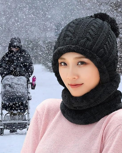 HUAMULAN Women Winter Beanie Hats One Piece Fleece Lined Knit Balaclavas Mask Set Skull Neck Circle Scarf Ski Snow Hat Pompom