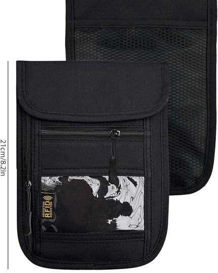 RFID Blocking Travel Neck Wallet Pouch and Passport Holder, Travel Neck Pouch Passport Holder for Women & Men - Black