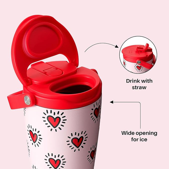 BOTTLE BOTTLE Insulated Tumbler with Handle & Straw Lid, 30oz Stainless Steel Leak-Proof Water Bottle for Hot & Cold Drinks, Add Ice Without Unscrewing, BPA-Free for Travel, Office(Heart Beats)