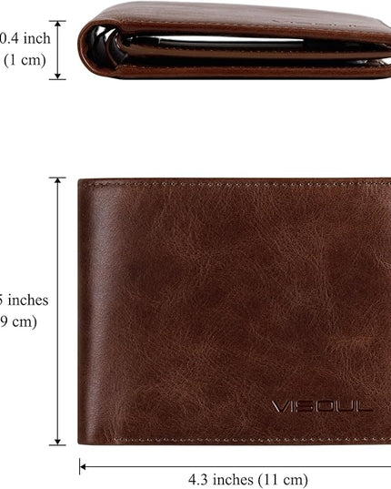 VISOUL Leather Wallets Bifold for Men with 2 ID Windwows, Men's Designer Card Holder Wallets with RFID Blocking (Brown)