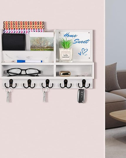 ClyraStor Key Holder Wall Mount, Mail Organizer Wall Mounted, Solid Wood Key Holder for Wall Living Room Entryway Home Decor, with 10 Key Hooks, Shelf, Marker Pen, 2 Installation Methods, 15" x 10"
