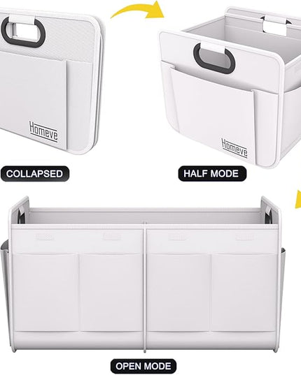 Homeve Trunk Organizer, Car Storage, Reinforced Handles, Collapsible Multi-Compartment, Foldable, Waterproof, Sturdy, 600D Oxford Polyester For Car, SUV, Mini-Van, White, 2 Compart