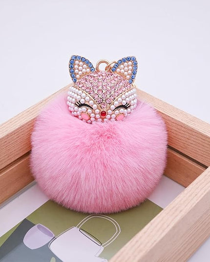 Faux Rabbit Fur Ball Pom Pom Keychain with Fox Head Studded with pearl Rhinestone for Womens Bag Car Key Decoration