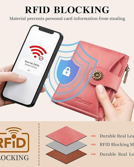 Blucoay Womens Wallet,RFID Blocking Wallet Women Soft Leather Bifold Small Wallets For Women Card Holder With Removable ID Window(pink)