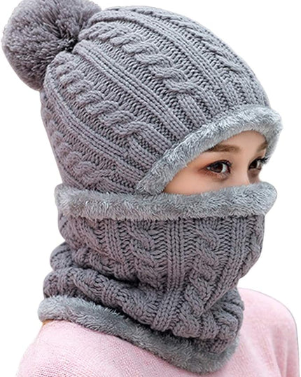 HUAMULAN Women Winter Beanie Hats One Piece Fleece Lined Knit Balaclavas Mask Set Skull Neck Circle Scarf Ski Snow Hat Pompom