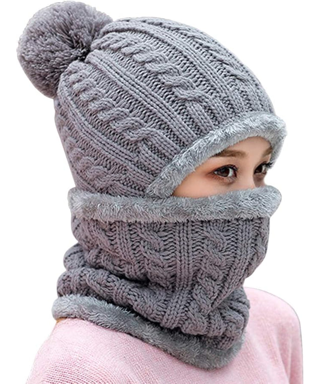HUAMULAN Women Winter Beanie Hats One Piece Fleece Lined Knit Balaclavas Mask Set Skull Neck Circle Scarf Ski Snow Hat Pompom