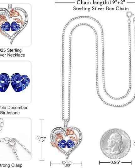 Iefil Christmas Gifts for Women Wife - 925 Sterling Silver Rose Heart Birthstone Necklace Birthday Anniversary Jewelry Gifts for Her Wife Mom Daughter
