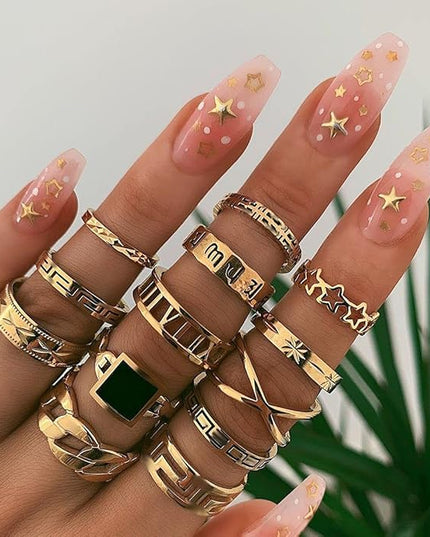 YOOESTORES82 Boho Knuckle Stackable Ring Set for Women,Vintage Gold Silver Rings Set Stacking Rings Set Star Moon Bulk Multiple Pack Midi Finger Rings