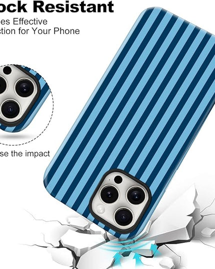 Magnetic for iPhone 16 Pro Max Case Cute Stripes Phone Case, Shockproof Slim TPU and Hard PC Protective Phone Cover Compatible with MagSafe Designed for Women Girls, Lake Blue