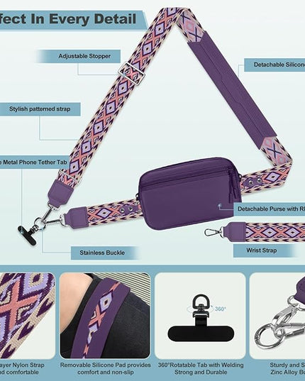 Clip and Go Strap for Phone with Wallet Crossbody, Adjustable Phone Lanyard with Detachable RFID Wristlet Wallet, Pattern Strap - Dark Purple (L)