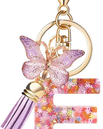 Fashion Alphabet Initial Letter Keychain Tassel Butterfly Pendant Key Ring for Purse Handbags Women Girl