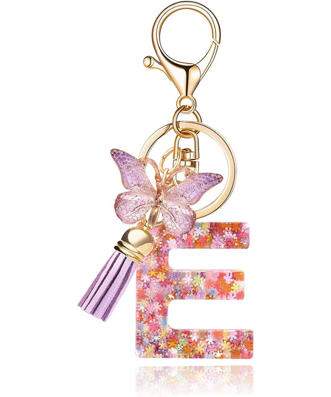 Fashion Alphabet Initial Letter Keychain Tassel Butterfly Pendant Key Ring for Purse Handbags Women Girl