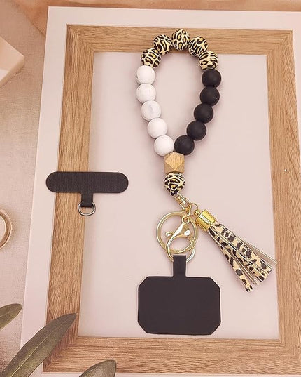 Phone Lanyard Silicone Beaded Phone Wrist Strap Cute Elastic Cell Phone Wristlet Chain Bracelet with 2 Tether Tab