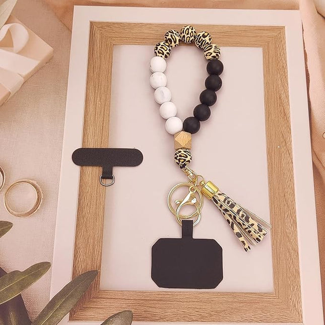 Phone Lanyard Silicone Beaded Phone Wrist Strap Cute Elastic Cell Phone Wristlet Chain Bracelet with 2 Tether Tab