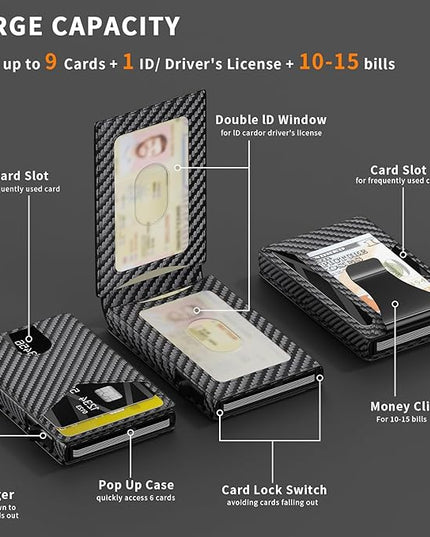 KISUEDZP Wallet for Men Slim RFID Blocking -Metal Smart Pop-Up Credit Card Holder with 2 ID Windows, Holds 8-10 Cards,Bifold Minimalist Front Pocket Wallet & Money Clip,Men's accessories(Carbon)