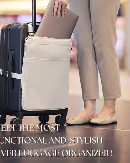 BAREFOOT CARIBOU Over Luggage Organizer for Carry On Bag or Suitcase with Storage Pockets, 16” Laptop Sleeve with Handle, Travel Accessories Bag Slide On Luggage Harness with Adjustable Straps (Ivory)