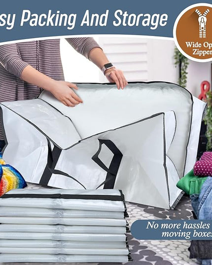 6 Pack Extra Heavy Duty Large Moving Bags with Strong Zipper & Comfortable Handles, Sturdy & Durable Clothes Storage Bags Totes Bins, Packing Moving Boxes for College Supplies, White