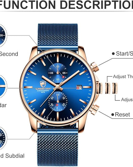 GOLDEN HOUR Mens Watch Fashion Sleek Minimalist Quartz Analog Mesh Stainless Steel Waterproof Chronograph Watches for Men with Auto Date