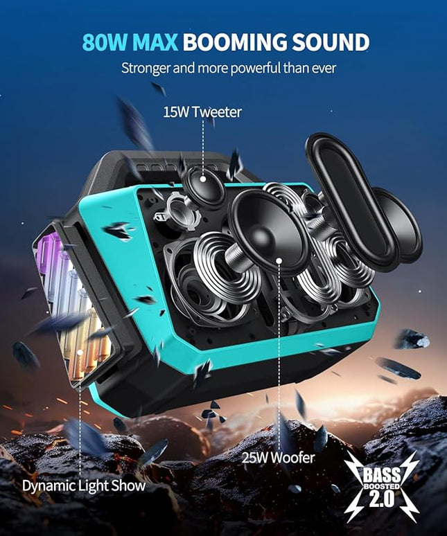 Powerful 80W Outdoor Bluetooth Speaker: IPX6 Waterproof, Rugged, 20H Playtime, Deep Bass, Lightshow, TWS, BT 5.3 Wireless, Portable for Travel Hiking Camping Beach Pool - Teal