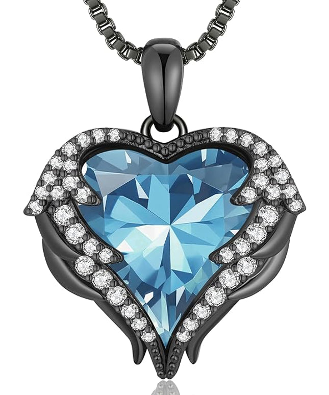 CDE Christmas Gifts for Women Angel Wings Necklace for Women with Birthstone, Love Heart Silver Tone/Gold Tone Pendant, Ideal Anniversary or Birthday Jewelry Gifts for Wife Girlfriend Her