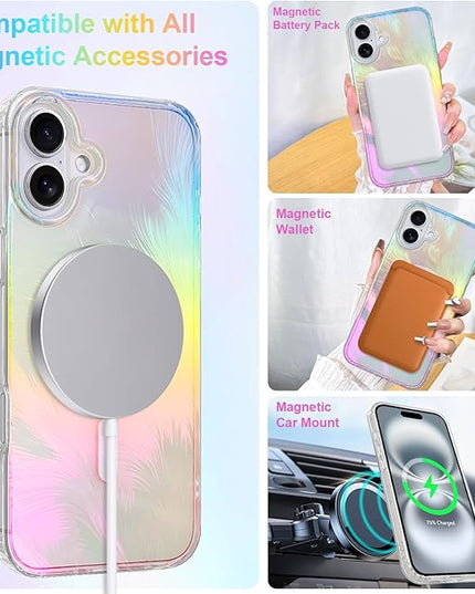 Glitter Case for iPhone 16 Case for Women Girls [ Compatible with Magsafe ] Clear Cute Aesthetic Girly Iridescent Feather Sparkly Bling Magnetic Phone Cover, Gradient Blue & Pink