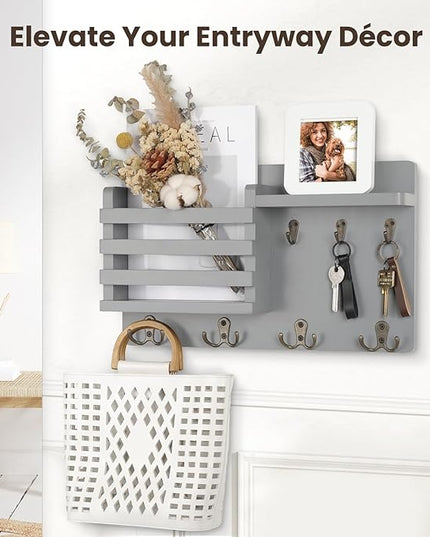Nekon Mail Holder for Wall Mail Organizer with Key Hooks Hallway Farmhouse Decor Storage Racks with Floating Shelf and Flush Mount Hardware (16.8Inch x 10Inch x 3.2Inch) (Gray)