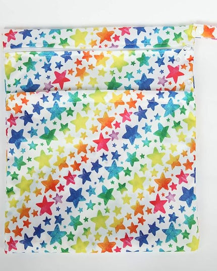 Wet Bag Baby Cloth Diaper Nappy Reusable Washable With Two Zippered Pockets (Rainbow Stars)