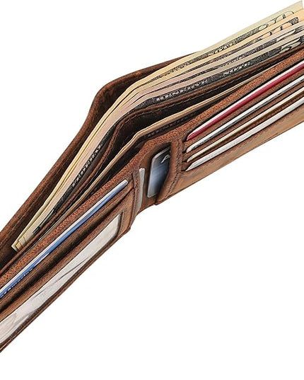 BOTANNER Genuine Leather Bifold Mens Wallet RFID Blocking 5 Credit Card Slots 1 ID Window 2 Sections for Bills 2 Additional Slots | Brown