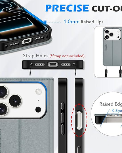SHIELDON Genuine Leather Wallet Case for iPhone 17 Pro 6.3-inch 2025 | Folio Magnetic | RFID Blocking Credit Card Holder | Kickstand | TPU Shockproof Phone Cover for Men Women | Gray