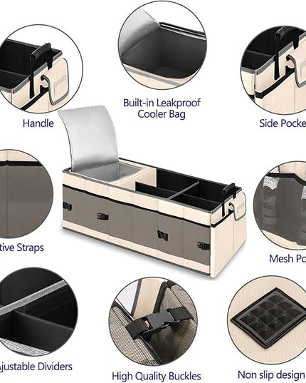 Trunk Organizer with Built-in Insulated Leak Proof Cooler Bag,Collapsible Cargo Organizer for SUV with Non Slip Bottom Strips,3 Large Compartments Foldable Waterproof Portable Car Storage Box