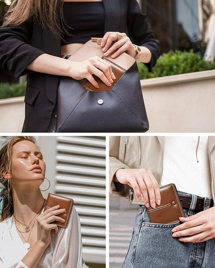 TFKGS Slim Wallet for Women Vegan Leather RFID Blocking, Small Thin Credit Card Holder Bifold Compact Pocket Ladies Mini Purse Brown