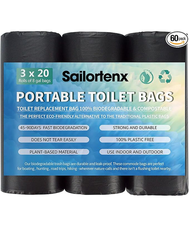 60 Count 8 Gallon Biodegradable Compostable Portable Toilet Bags, 100% Plant-Based, No Leaks, Disposable, Perfect for Camping, Hiking, Boating, Hunting