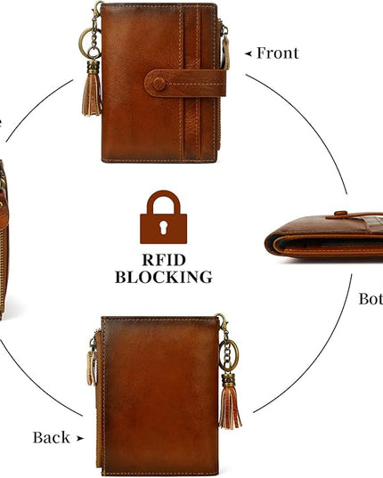 Blucoay Leather Wallet Women,RFID Blocking Small Wallets for Women Compact Bifold Wallet Card Holder With Zipper Coin Pocket Brown