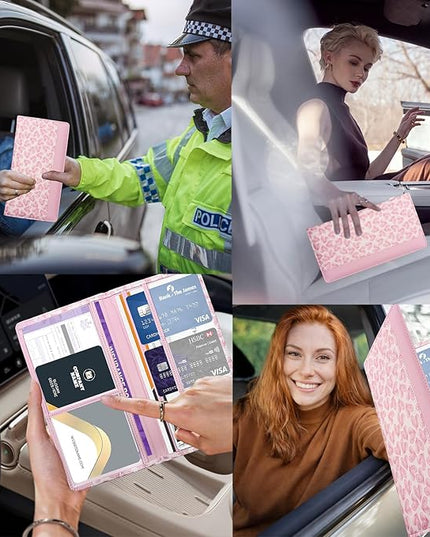Car Registration and Insurance Holder with Magnetic Closure, Universal Document Organizer for License, Insurance Cards & Glove Box Storage (Heart-Pink)