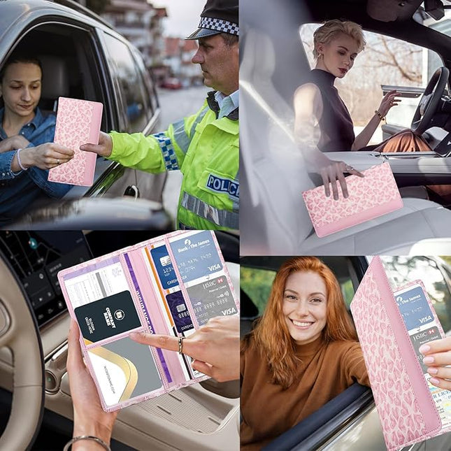 Car Registration and Insurance Holder with Magnetic Closure, Universal Document Organizer for License, Insurance Cards & Glove Box Storage (Heart-Pink)