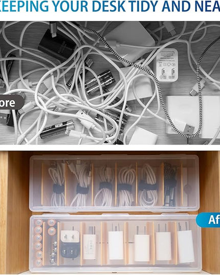 2 Pack Cable Organizer Storage Box with 16 Cable Ties, Clear Phone Charger Organizer Case Wire Organizers for Cords Electronic Storage Box for Drawer Desk Office Home