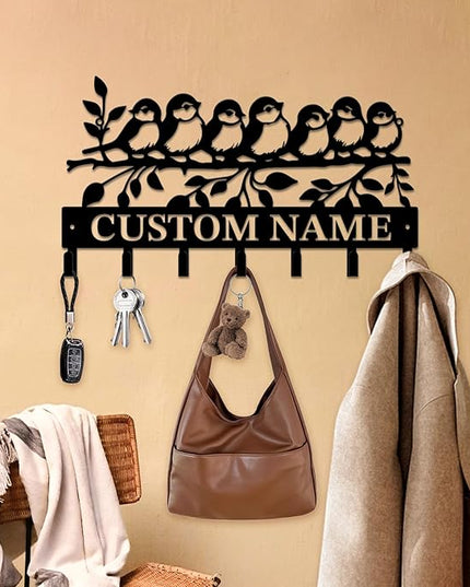 Personalized Custom Name Birds of Trees Wall Key Hooks,Metal Birds of Trees Art Clothes Hooks,Metal Birds of Trees Wall Home Storage Decorative,For Front Door, Hallway, Kitchen, Bedroom (Style C)