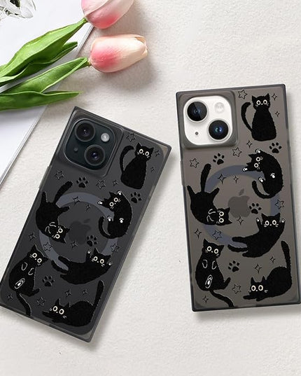 Cute Case for iPhone 15 Case for Women Girls Boys [Compatible with Magsafe] Kawaii Black Cats Cat Pattern Design, Aesthetic Girly Animal Rectangle Magnetic Protective Phone Cover