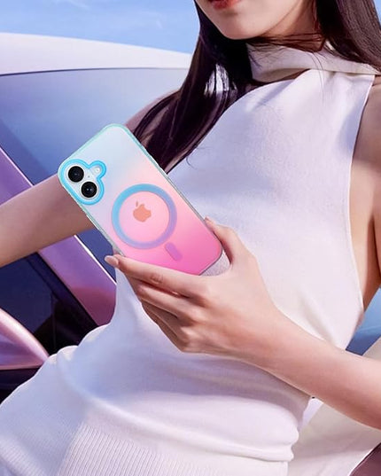 Aesthetic Case for iPhone 17 Case for Women Girls [Compatible with Magsafe] Cute Girly Trendy Glitter Sparkly Rainbow Magnetic Protective Phone Cover, Matte Iridescent Blue & Pink
